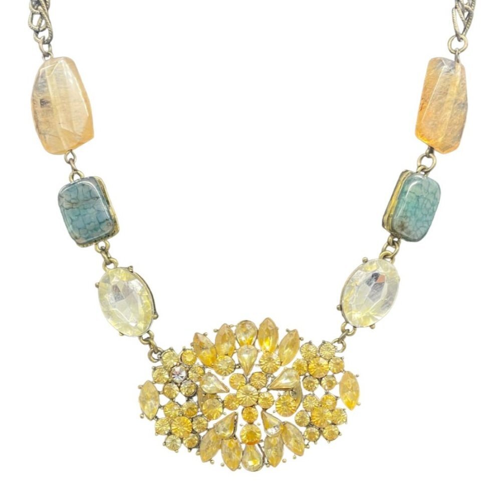 Cluster Rhinestone Stones Statement Bib Necklace Gold Tone 18 to 21 Inches